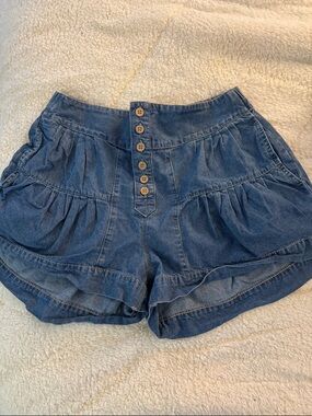 eesome Blue High-Waist Button-Front Ruffle Denim Shorts